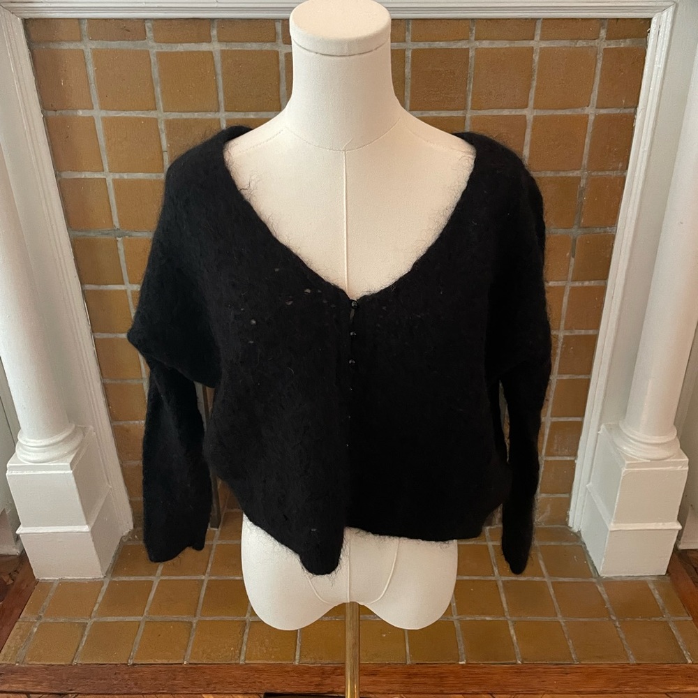 Black Sezane Mohair-mix Button-up Cardigan with Deep V-Neck